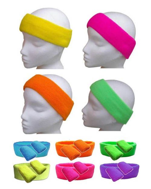 NEON Sweatbands Headband and/or 2 x Wrist Bands Fancy Dress 80s Party 9 COLOURS eBay