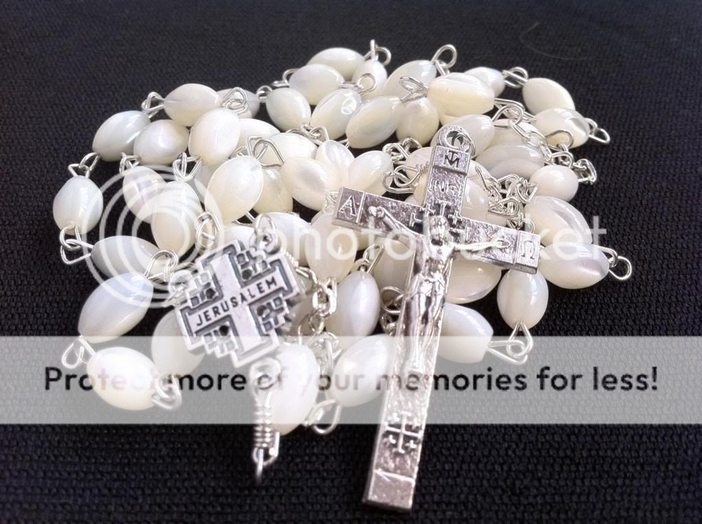 Natural Mother of Pearl Hand Made Rosary with Jerusalem Cross and 